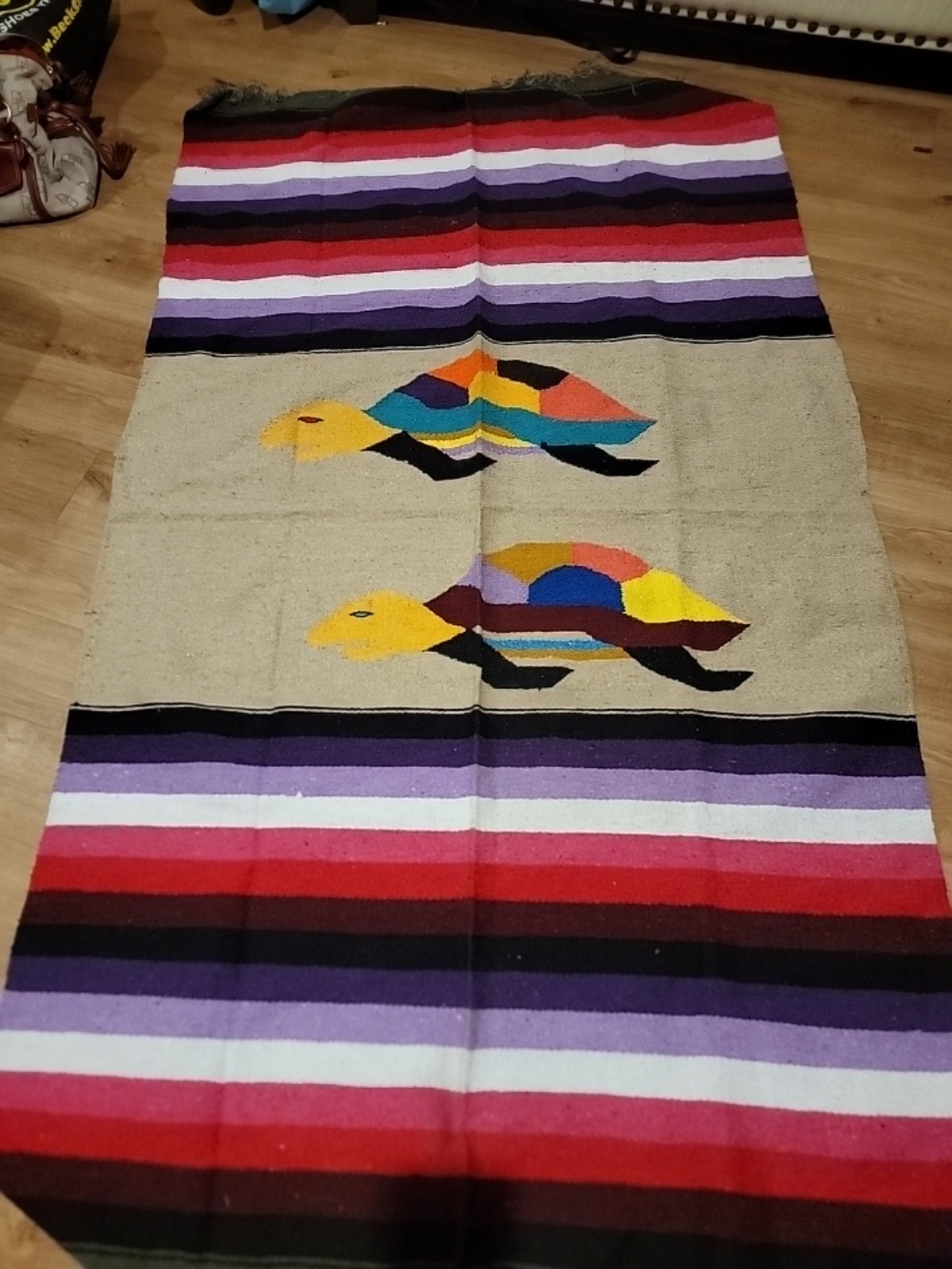 Beautiful Vintage Mexican Cotton Blanket Colorful Turtles 90 x 45