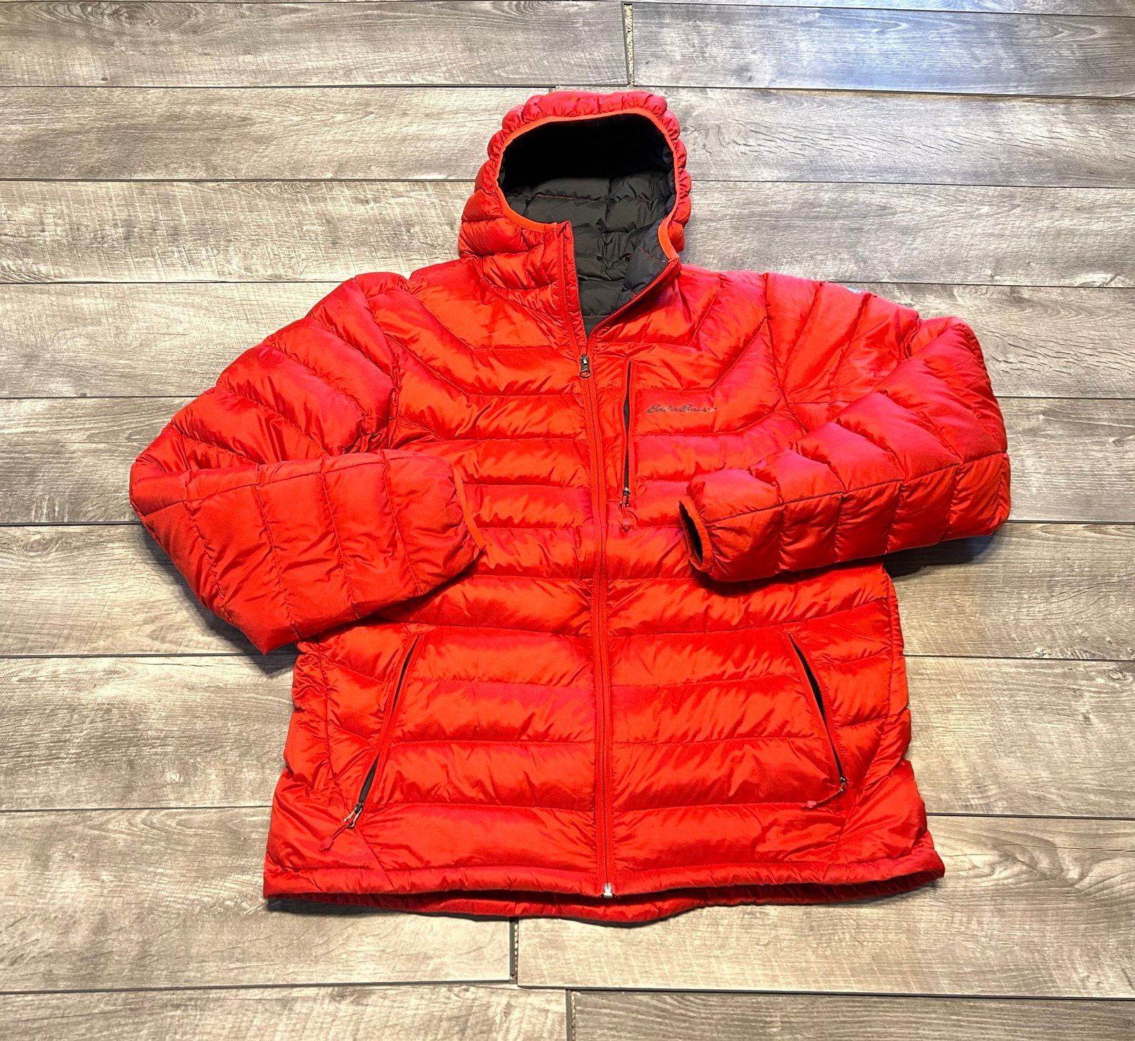 Eddie Bauer StormDown 800 Orange Puffer Puffy Goose Down Mens Jacket Size Large