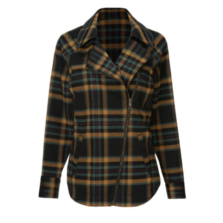 CABI Women S Moto Autumn Plaid Jacket Flannel Green Fall Spring Asymmetrical Zip