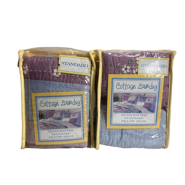 Vintage COTTAGE LAUNDRY Patchwork Pillow Sham Set Lavender Blue Floral New 80s