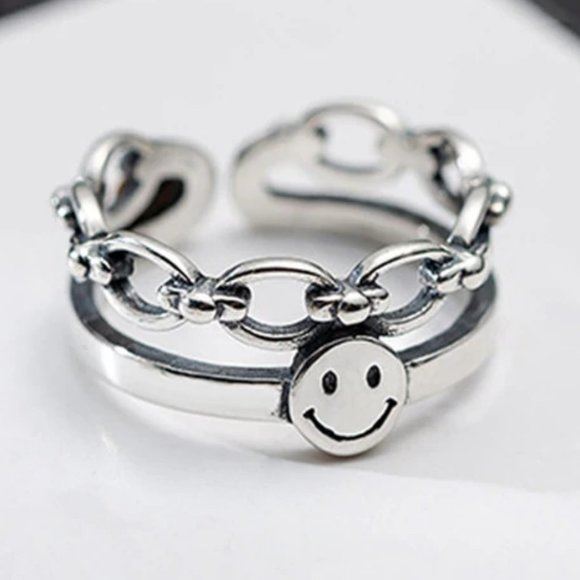 NEW 925 Silver Smile Face Resizable Ring