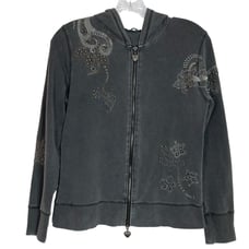 NWOT VINTAGE VERTIGO Hoodie M Grey Studded Floral Embroidery Heart Zip Cotton