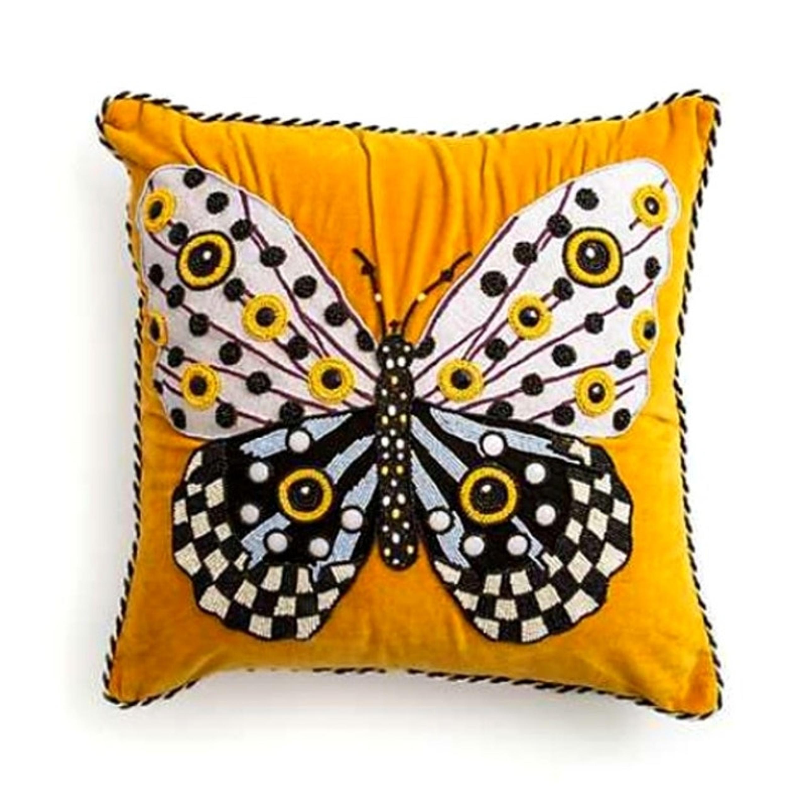MACKENZIE CHILD'S Spot On Butterfly Beaded Pillow 20" Sq. Embroidered New