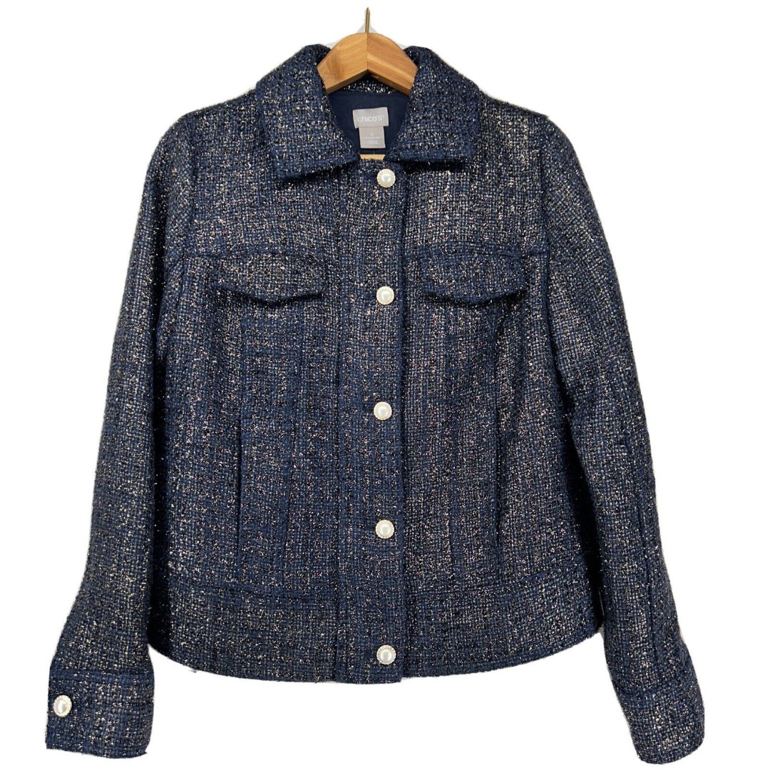 Chico’s Jacket Size 0 Navy Blue Gold Foil Tweed Zip Pocket NWT 169