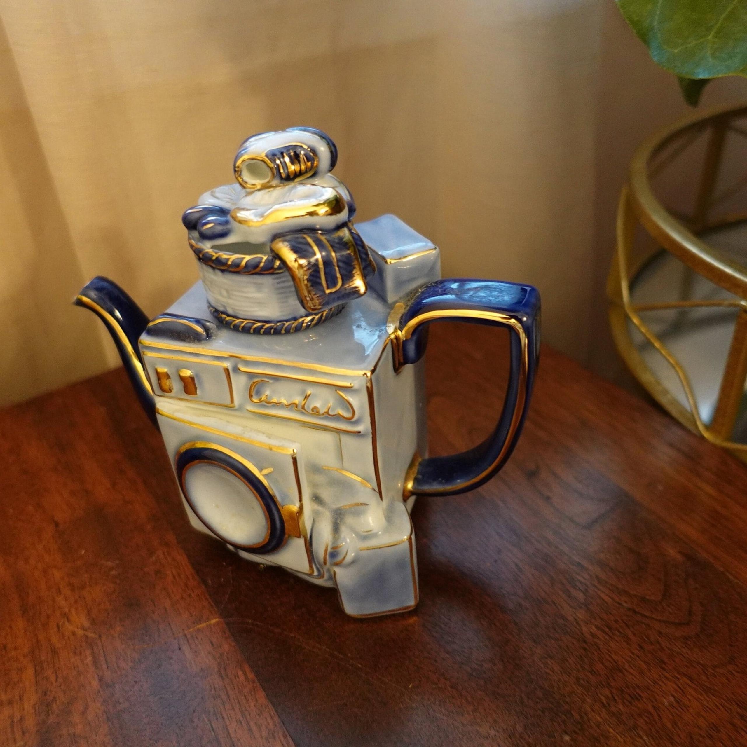 Vintage limoges washer teapot ceramic blue with gold accent