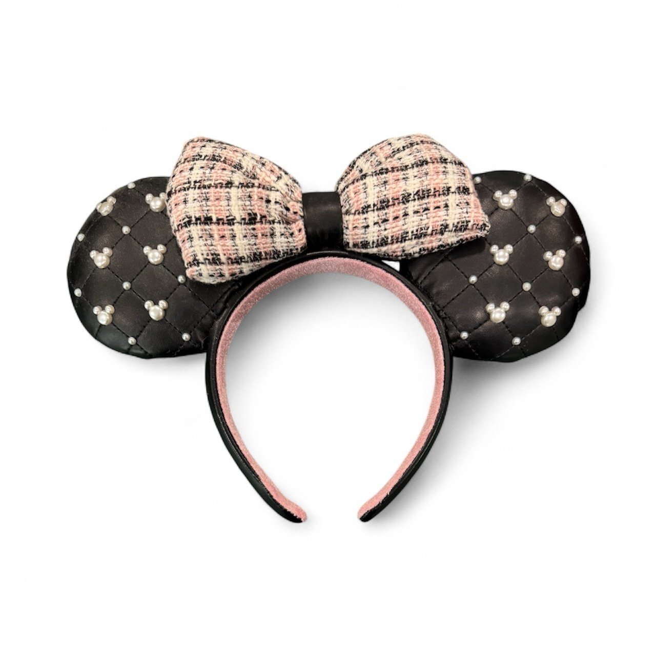 Disney Parks Minnie Mouse Faux Leather Pearls Tweed Bow Ears Headband Barbiecore