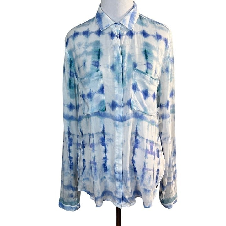 Bella Dahl Hipster Shirt Small Women Blue Aqua Shibori Button Up Lightweight New