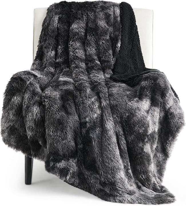 Faux Fur Twin Blanket Tie Dye Black –Soft and Thick Sherpa, 60x80 Inches-KVD9