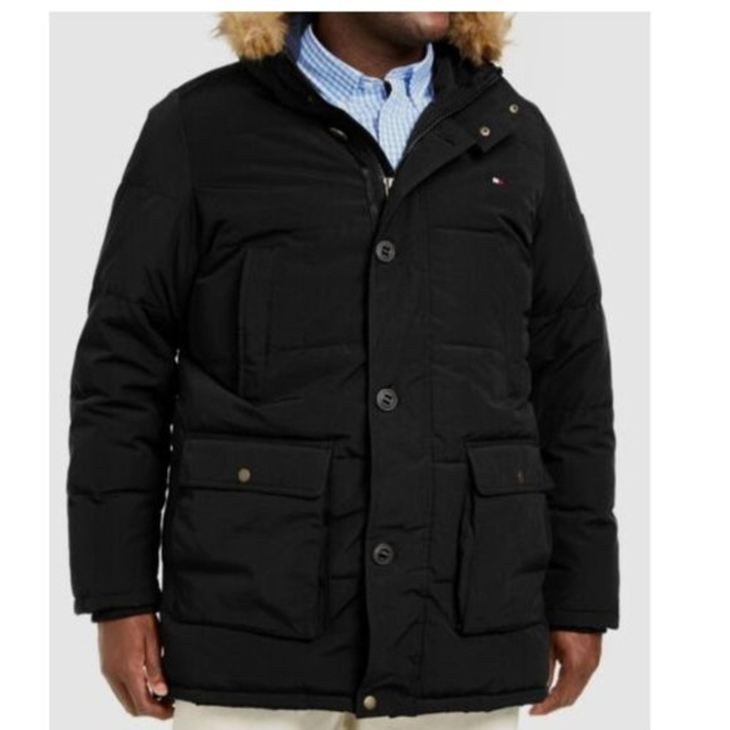 NWT Tommy Hilfiger Black Hooded Long Parka Winter Coat Jacket Size L $385 J074