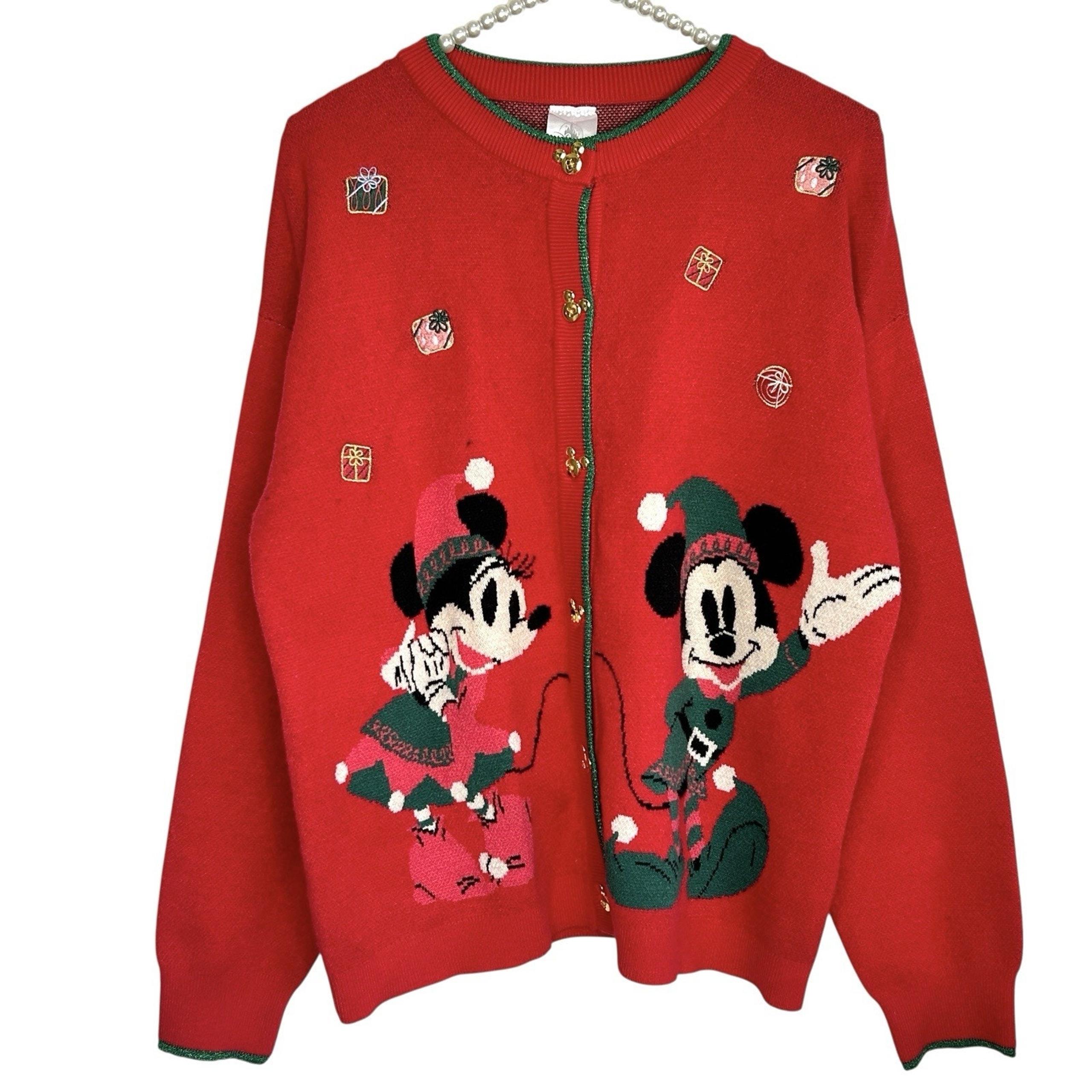 Christmas Mickey Minnie Cardigan Sweater Women Medium Holiday Party Retro - Disney
