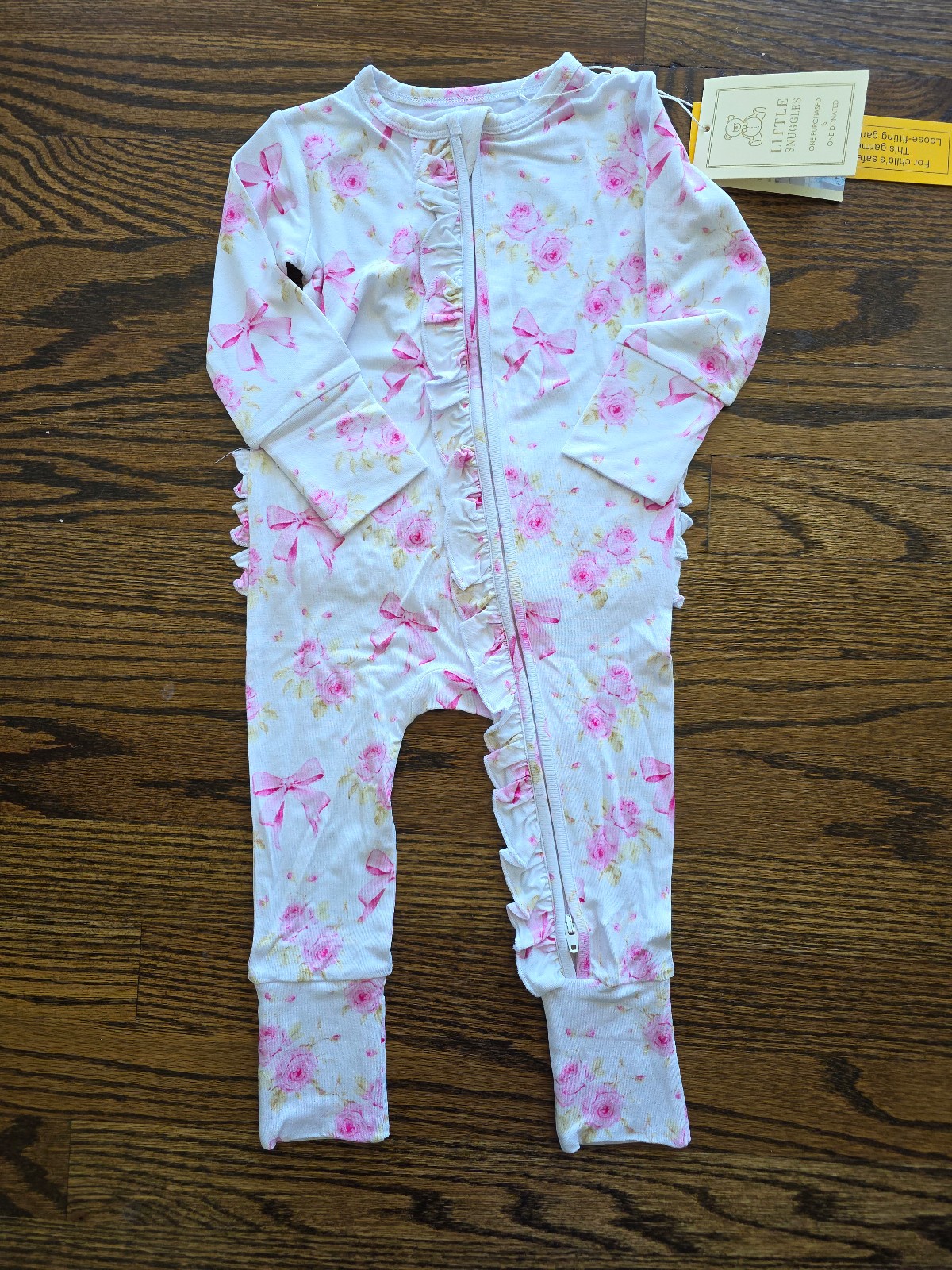 New Floral Bows Bamboo Baby Girl Ruffle Zippy Pajamas, 9-12 Months