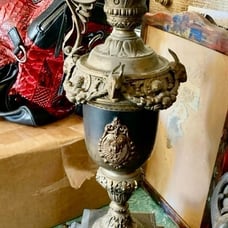 Antique Victorian Ewer of Metal Stone Ornate Faces Vintage ShabbyChic Queen Goat