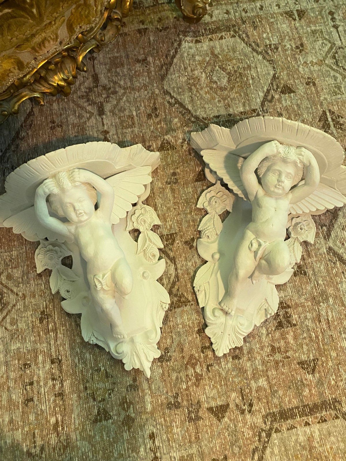 Antique wood carved cherub shelves