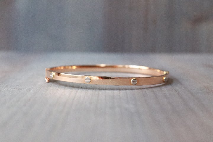 Real Gold 18K Two-Tone Rose Gold Bangle Bracelet 19cm 4mm Fine Jewelry