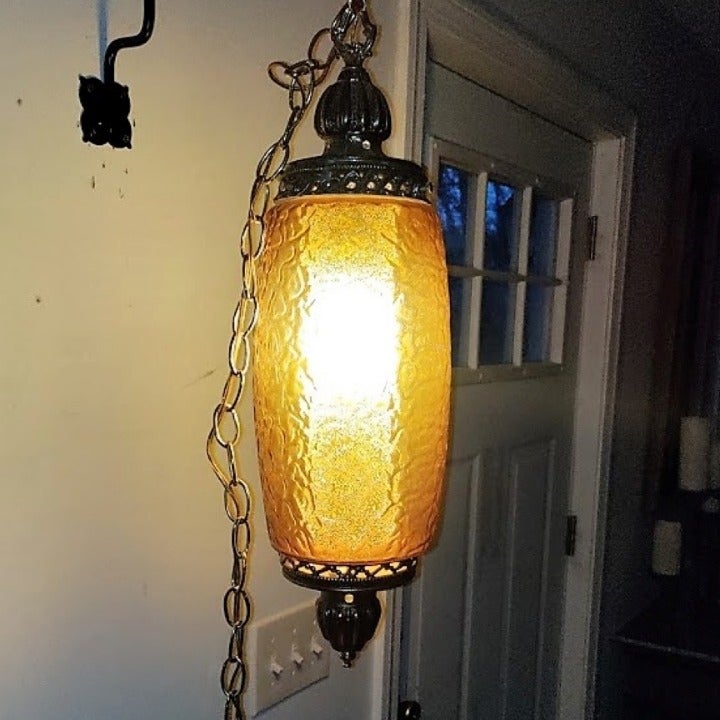 Vintage MCM Amber Glass Pendant Hanging Swag Lamp
