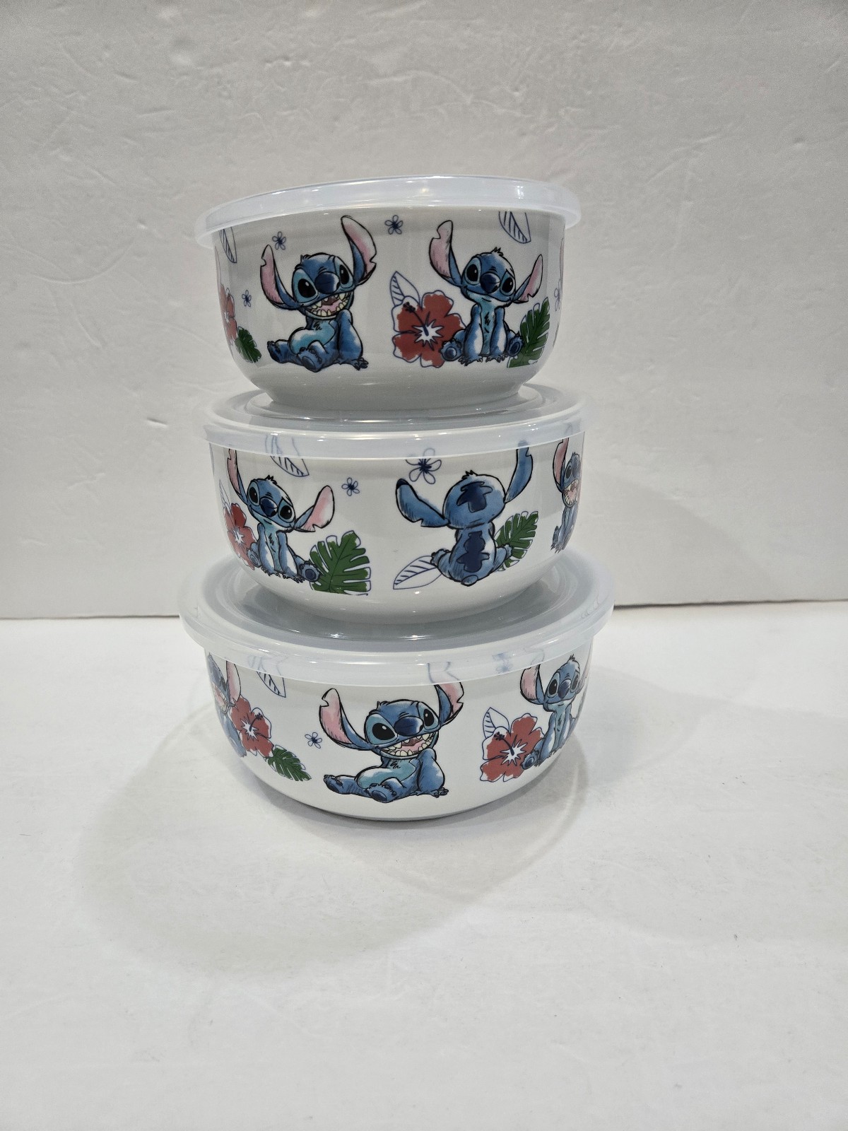 3 Disney Tropical Lilo & STITCH Ceramic Food Storage Bowls Containers w/Lids New