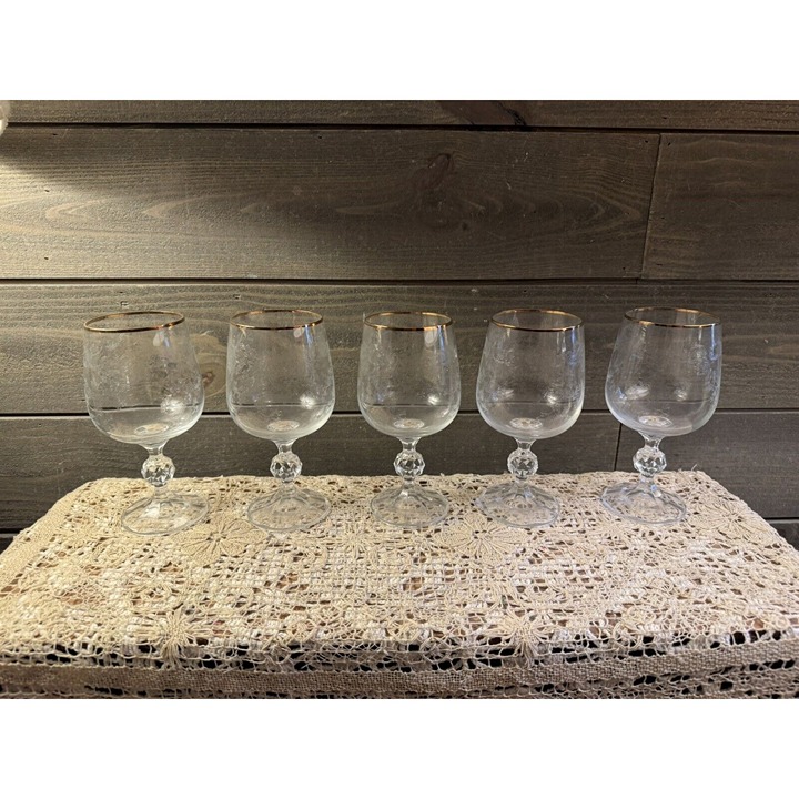 Vintage Bohemia Glass Wine Glasses, Wine Goblets, Etched Gold Rim Set Of 5