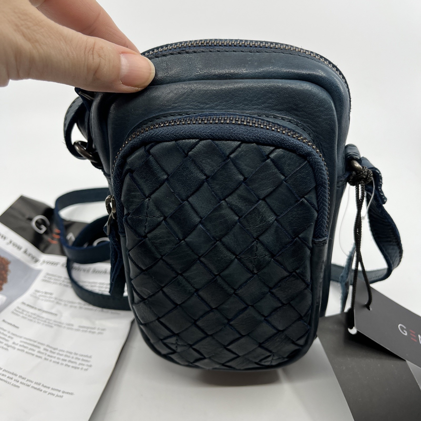 GENICCI Woven Navy Blue Leather Crossbody Mini Phone Bag Purse NWT