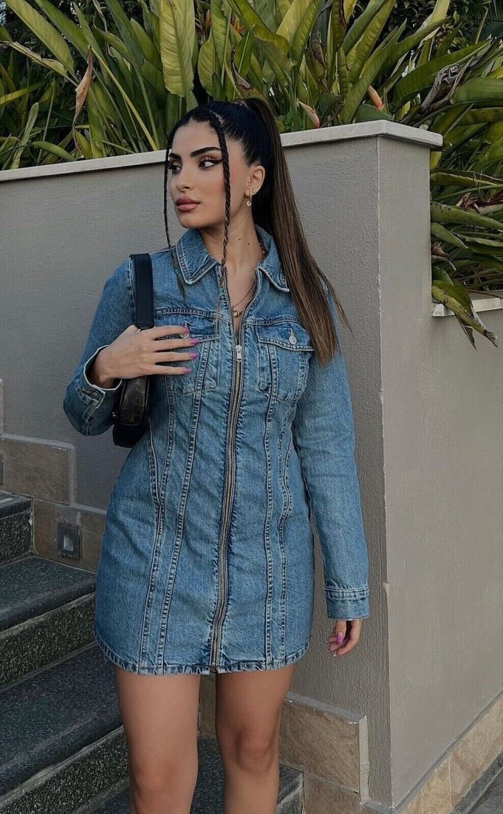 Zara denim jean zip up long sleeve mini casual dress