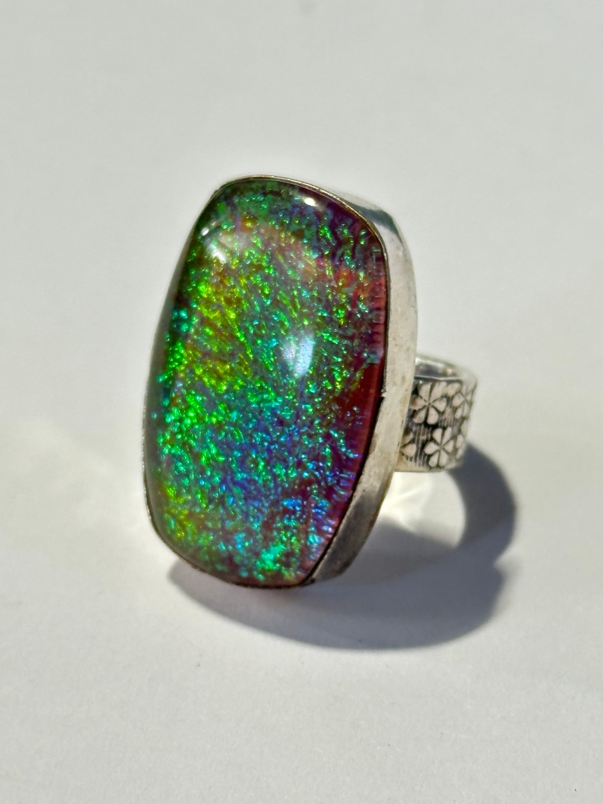 925 Sterling Dichroic Glass Iridescent Color Shift Floral Band Ring Size 6.5