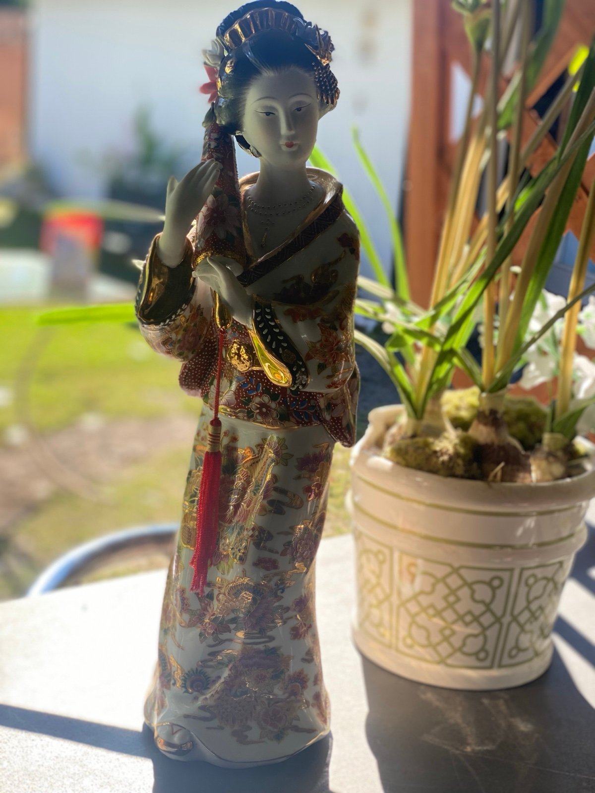 Antique Japanese Fine Porcelain Geisha with Parasol, Real Gold Trim, 17.5” Tall