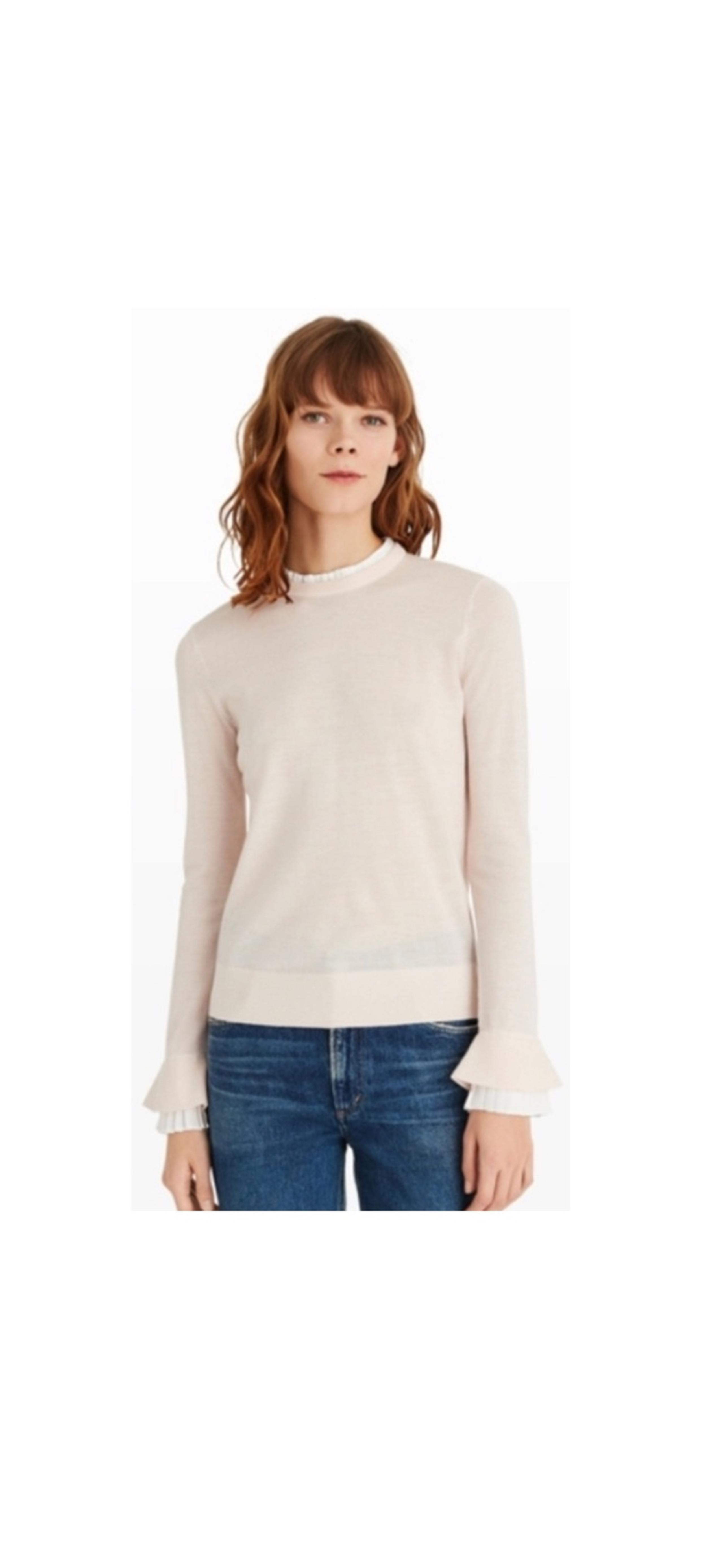 Club Monaco pink wool ruffle trim crew neck sweater