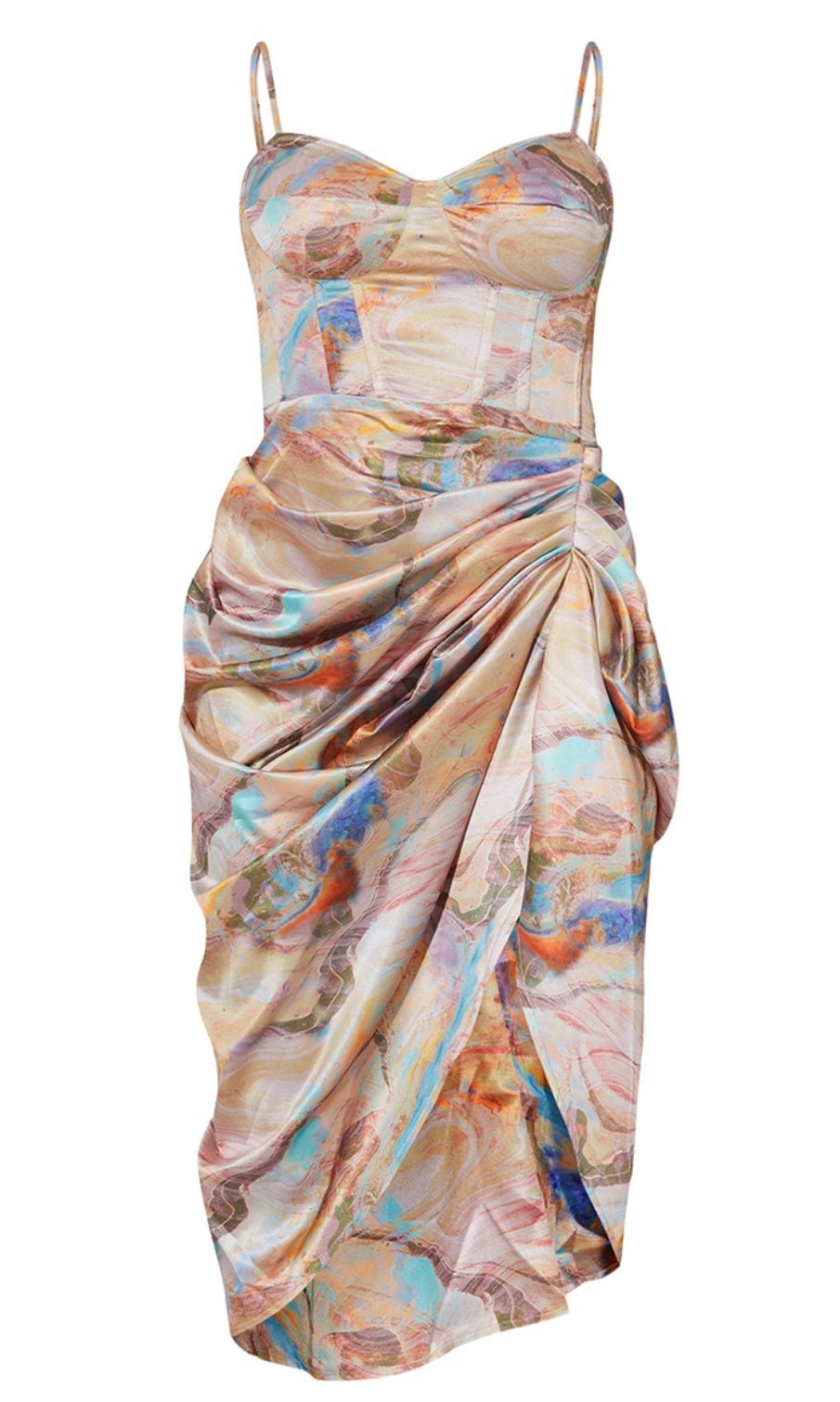 Prettylittlething Multi Marble Satin Ruched Skirt Corset Midi Dress Size 12