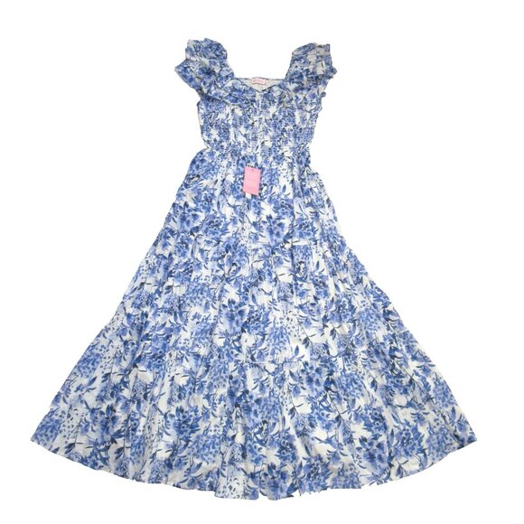 NWT Ivy City Co. Fiona Maxi in Blue White Floral Cotton Ruffle Smocked Dress S