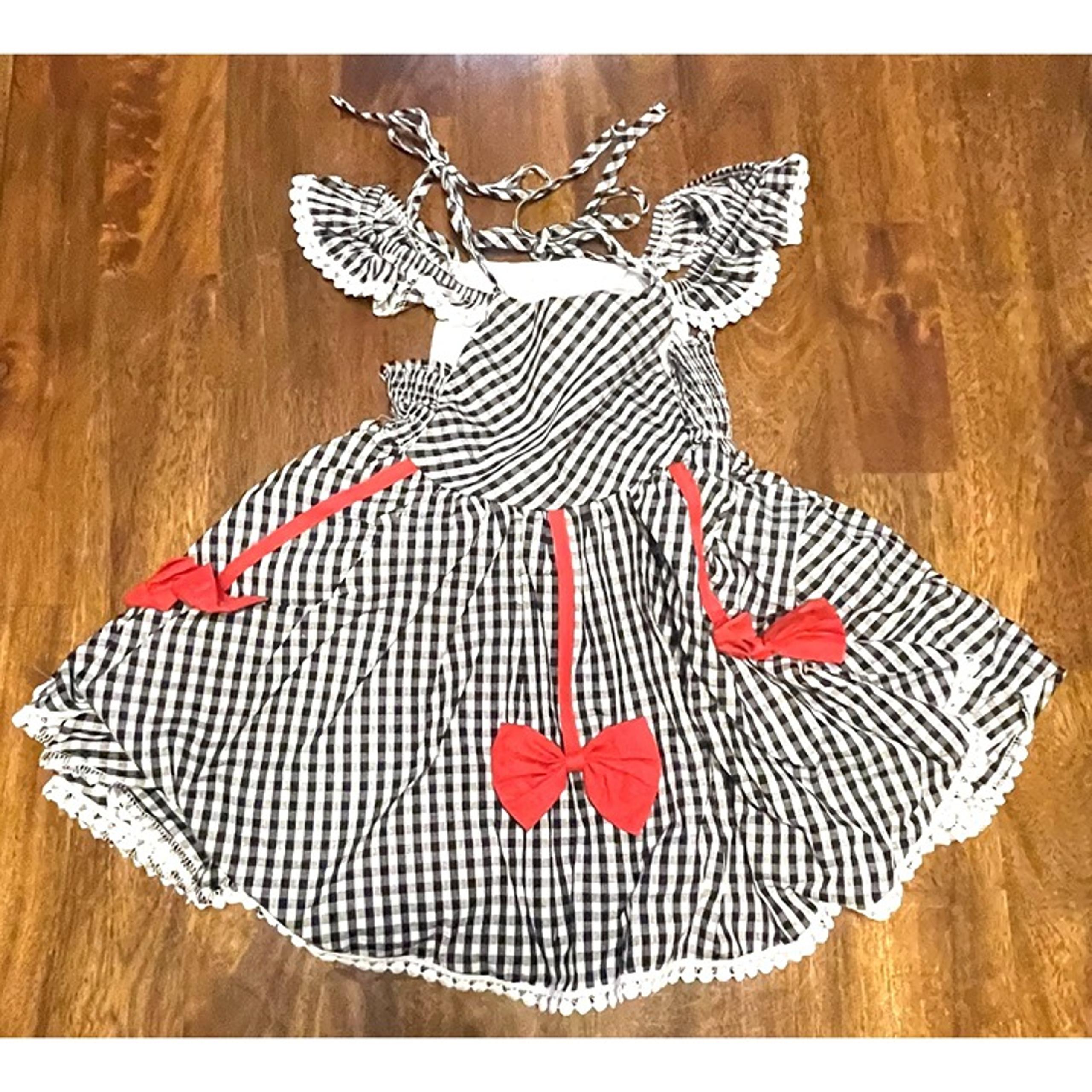 Imekis Kids Dress Girls Size 2-3T Gingham Black White Check With Red Bow Accents