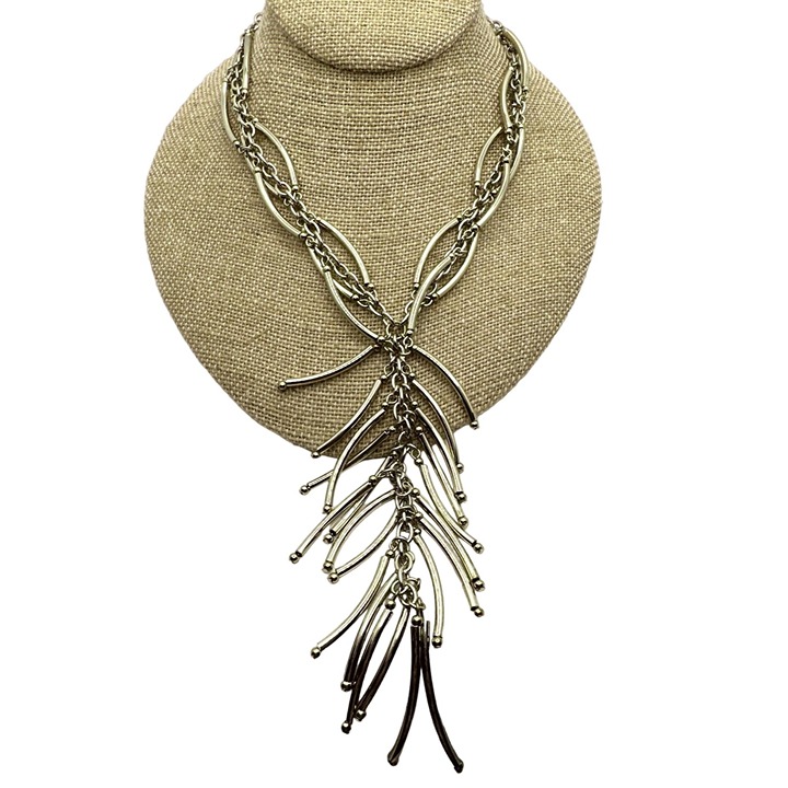 Western Boho Fringe Y-Drop Necklace Silver Tone Cascading Statement Cowgirl Chic