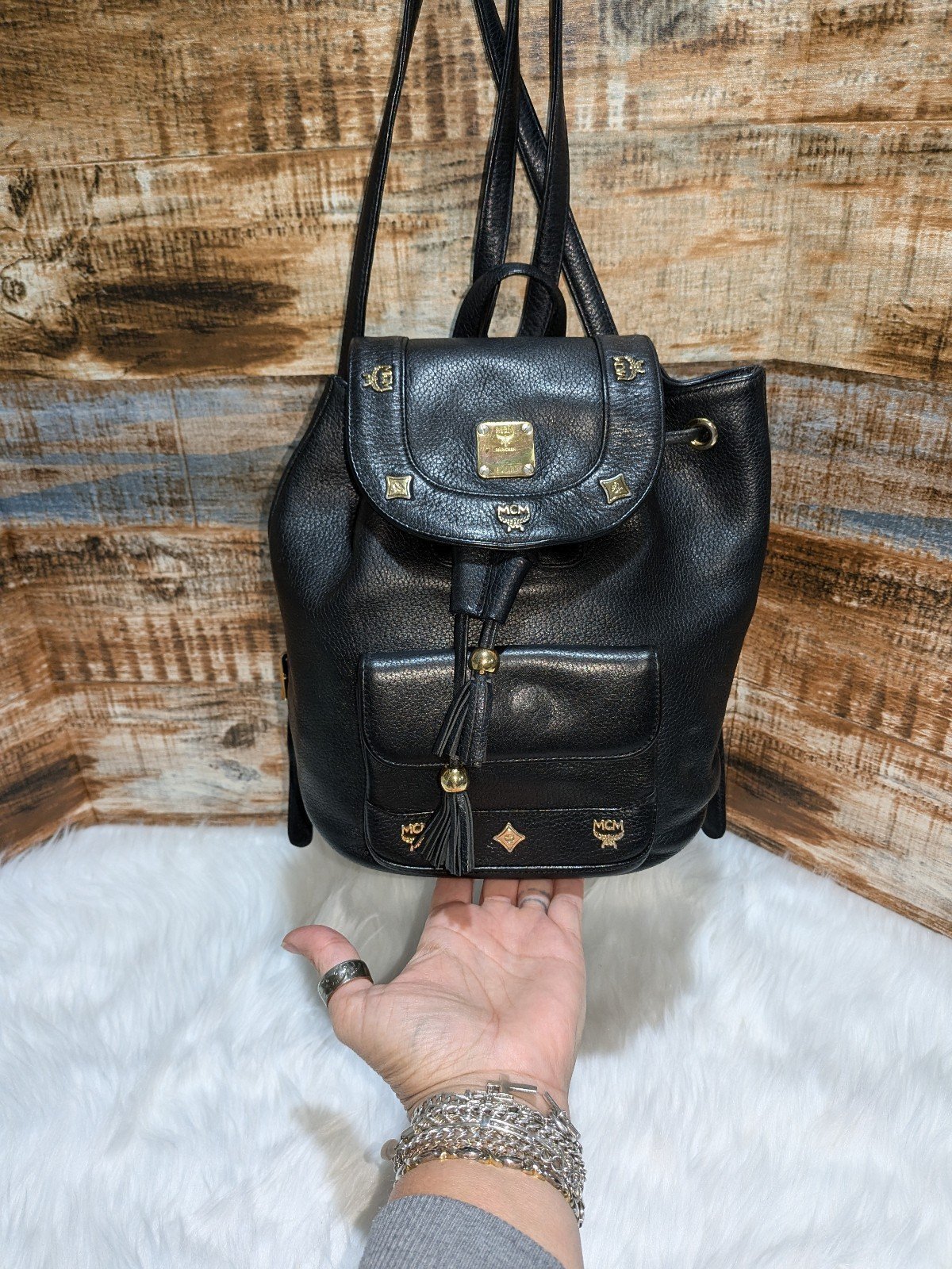 MCM Vintage German Made Black Leather Backpack w/Studs