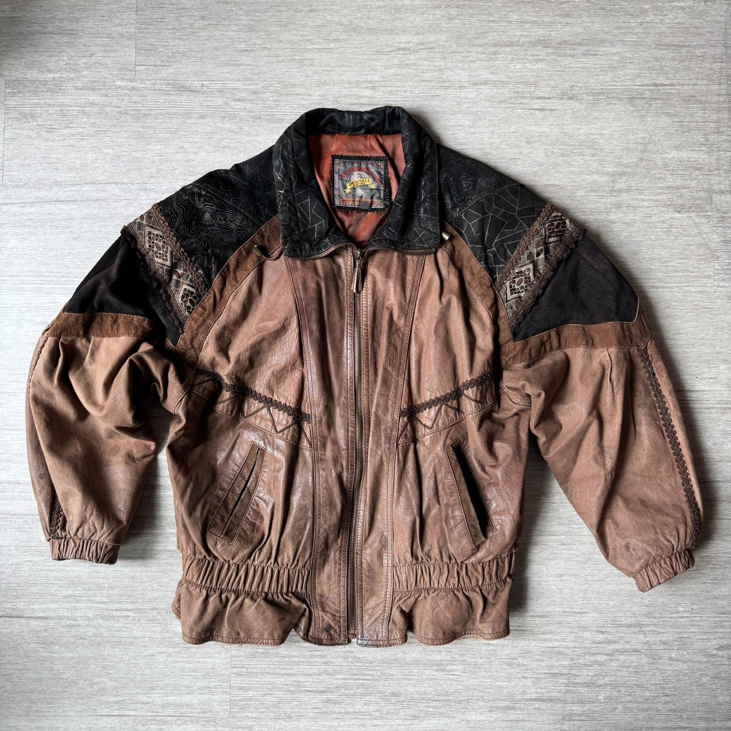 VTG Adventure Bound Leather Jacket Womens L Southwestern Tasseled Zip Brown