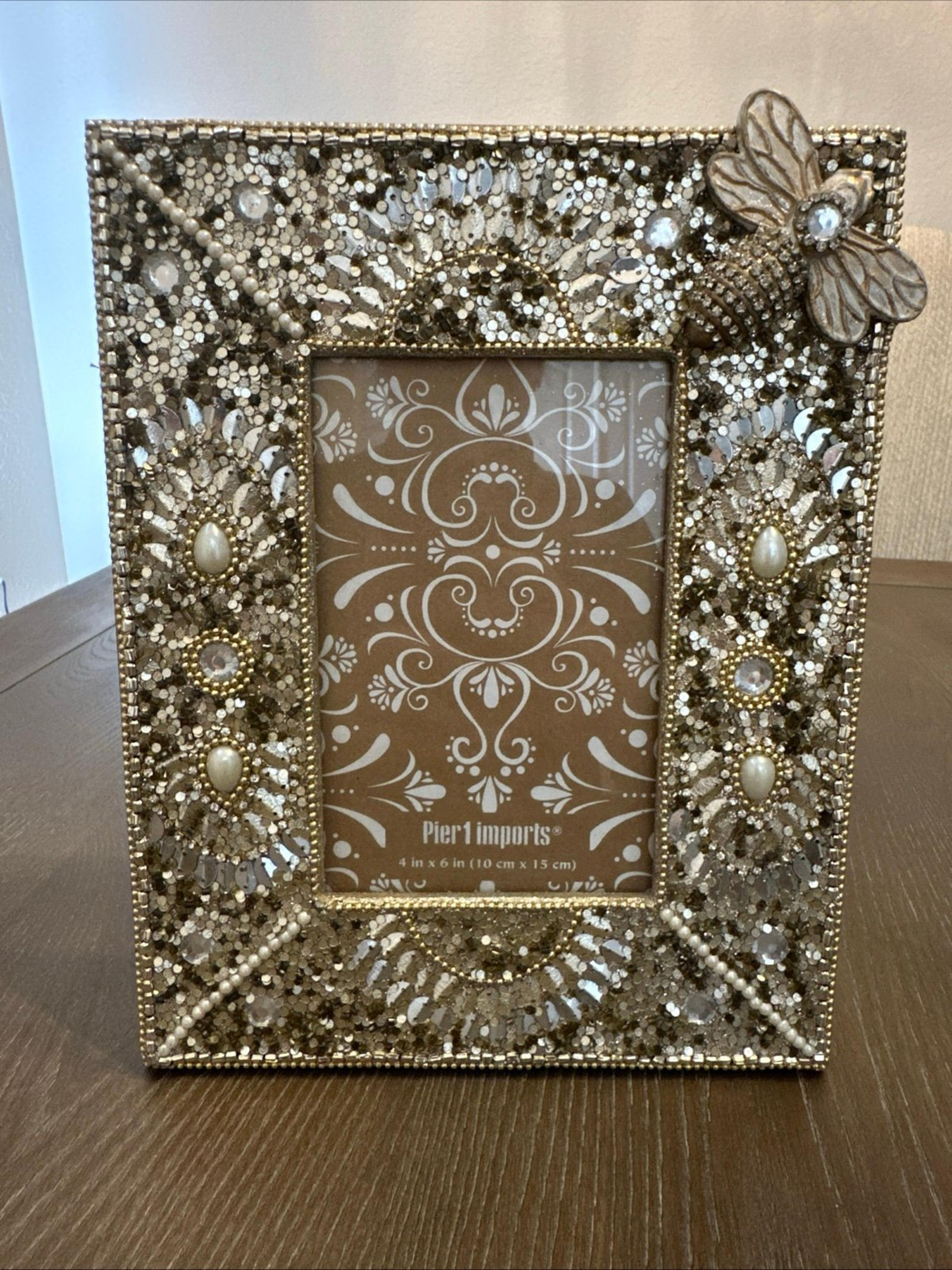 Pier 1 Imports Photo Frame 4x6” Gold Beads Sequins Pearls with Bee Embellishment