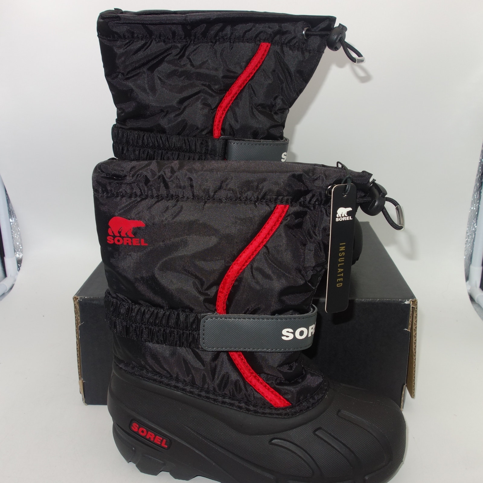 New Sorel Flurry Insulated Snow Boots Black Red Children's Kids Size 6