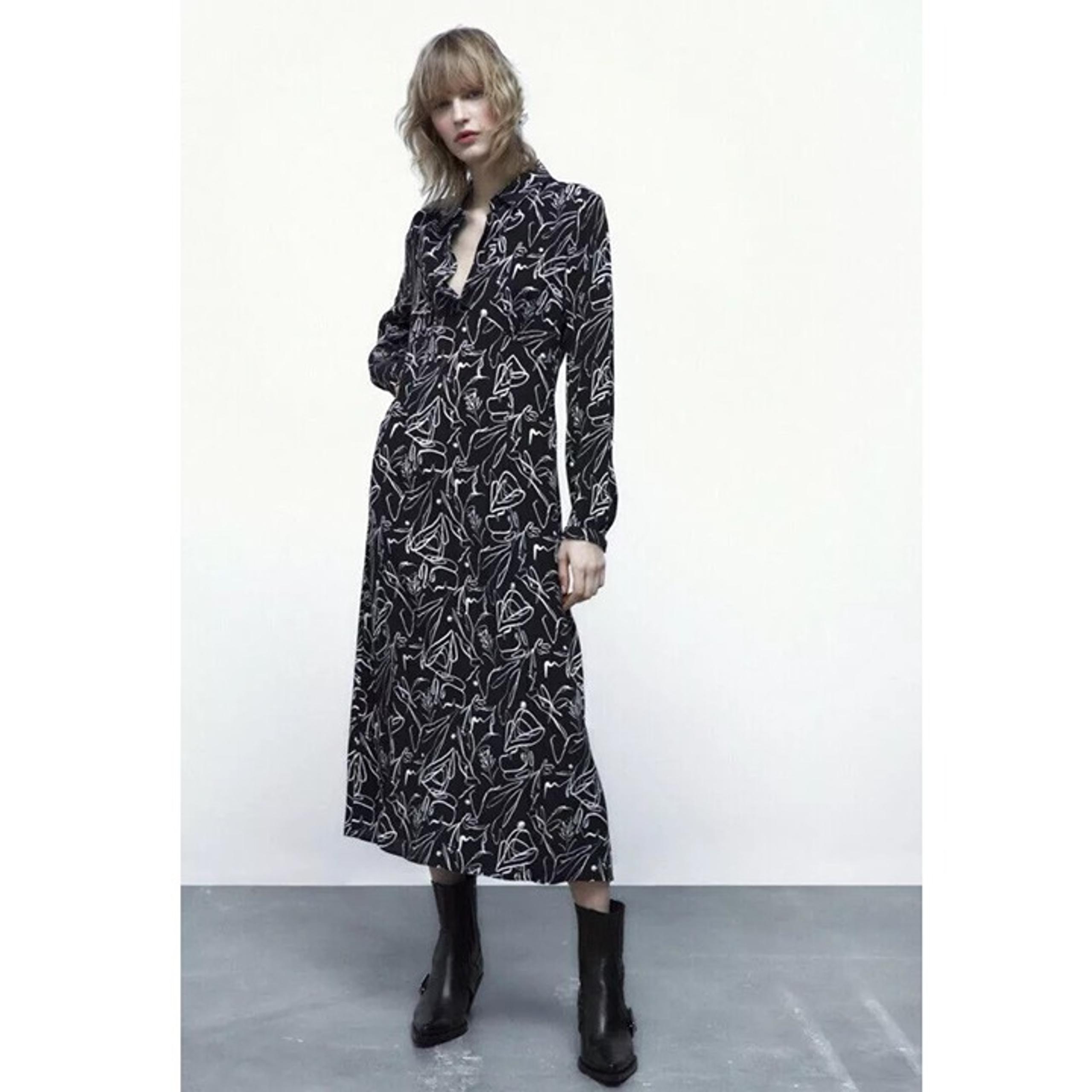 New ZARA Women's Size Small Black Long Sleeve Printed Maxi Midi Shirt Dress S
