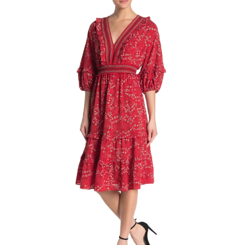 Max Studio Red Floral Print Puff Sleeve Midi Dress Womens SZ SM Cottage Boho