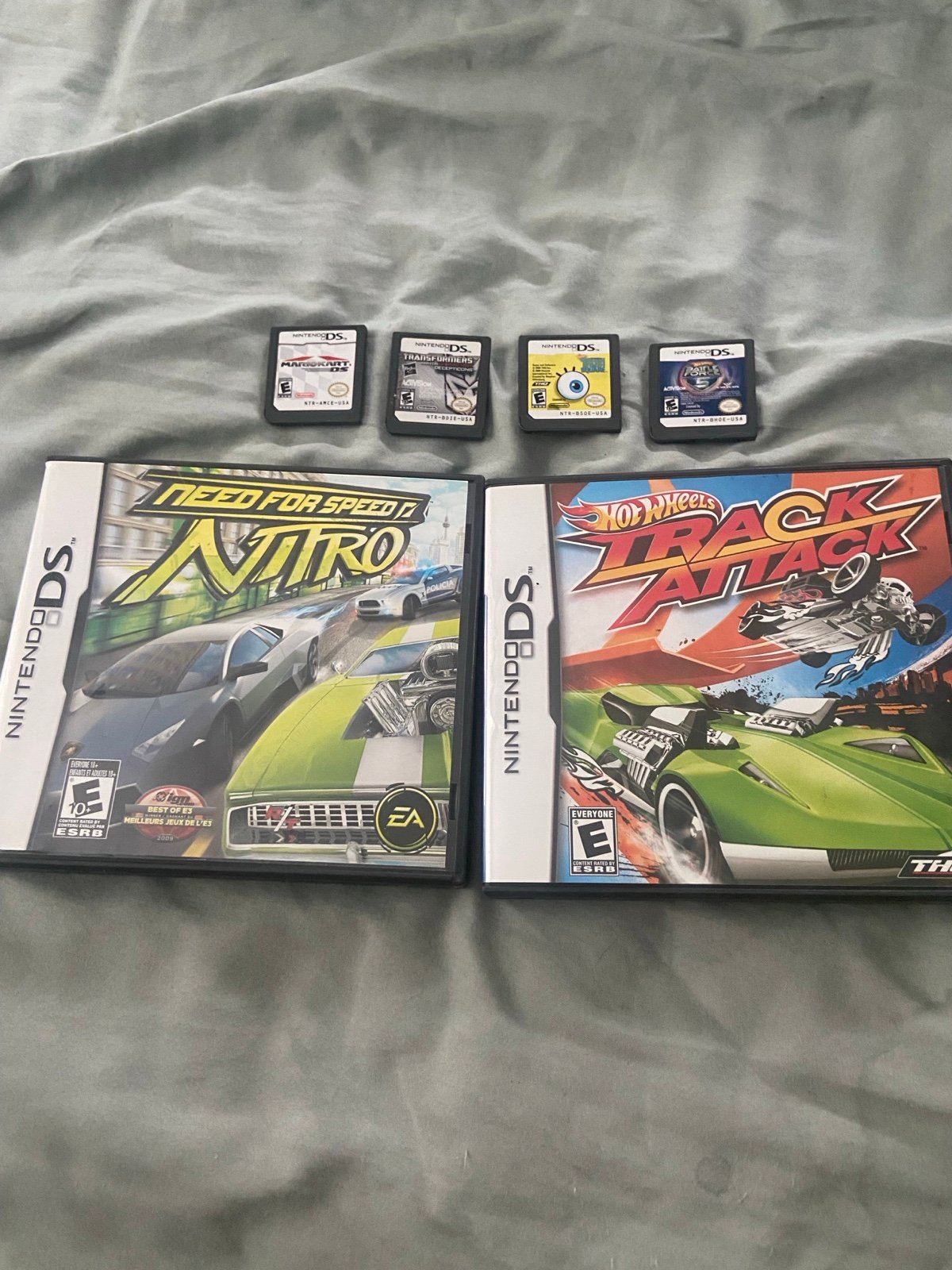 Nintendo DS 6 Game Lot Mario Kart , Transformers, SpongeBob, NFS , Hot Wheels X2