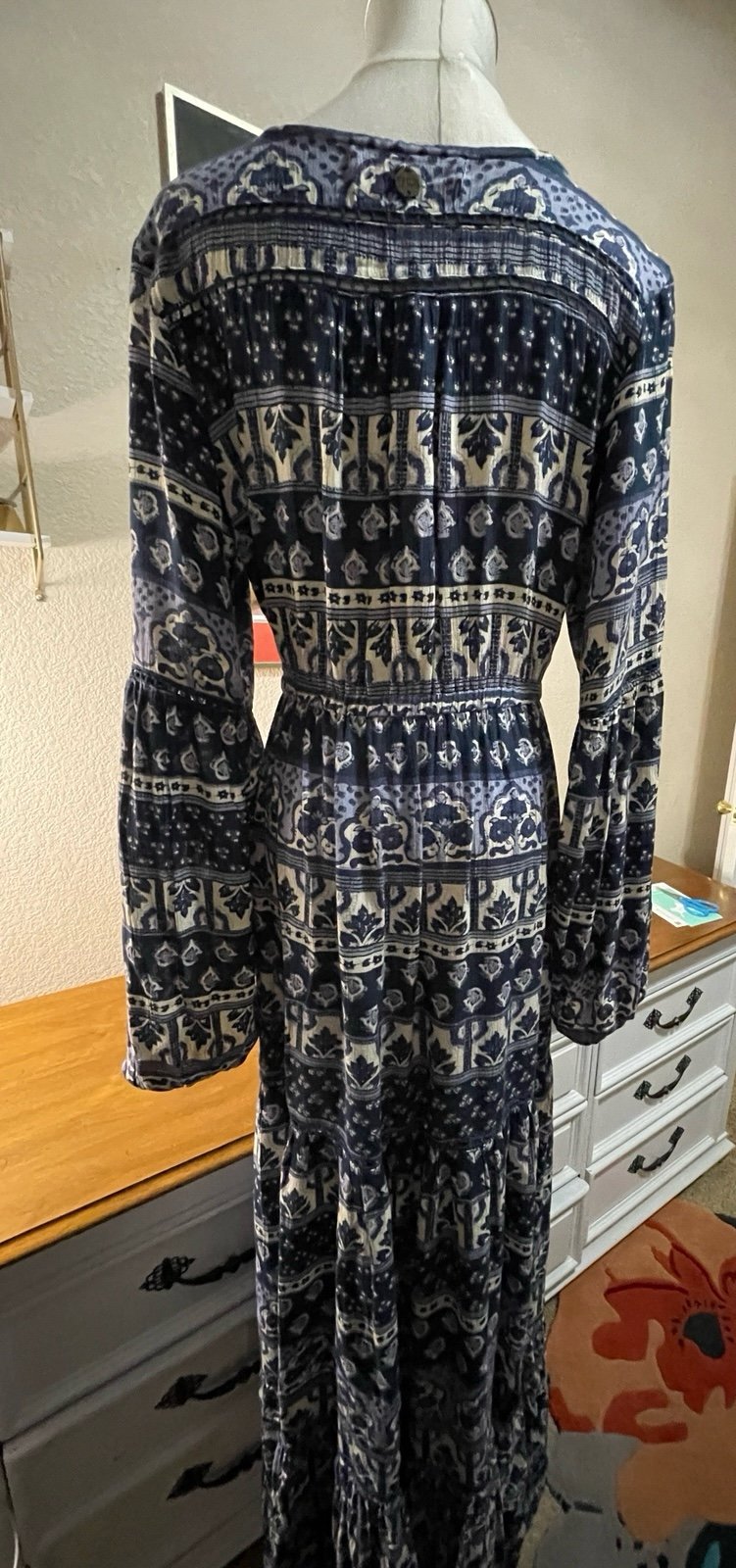 Ripcurl Women S Long Sleeve Maxi Dress Cottagecore Boho Hippie Blue Tiered North