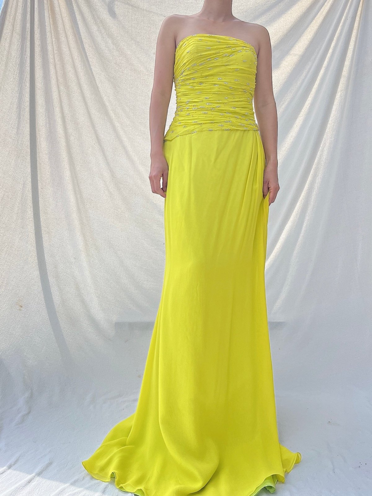 Vintage chartreuse silk gown M/L