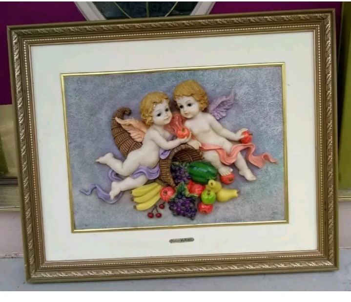 Victoria Collection Life-like 3D Framed Porcelain Handpainted Art, Child Angels