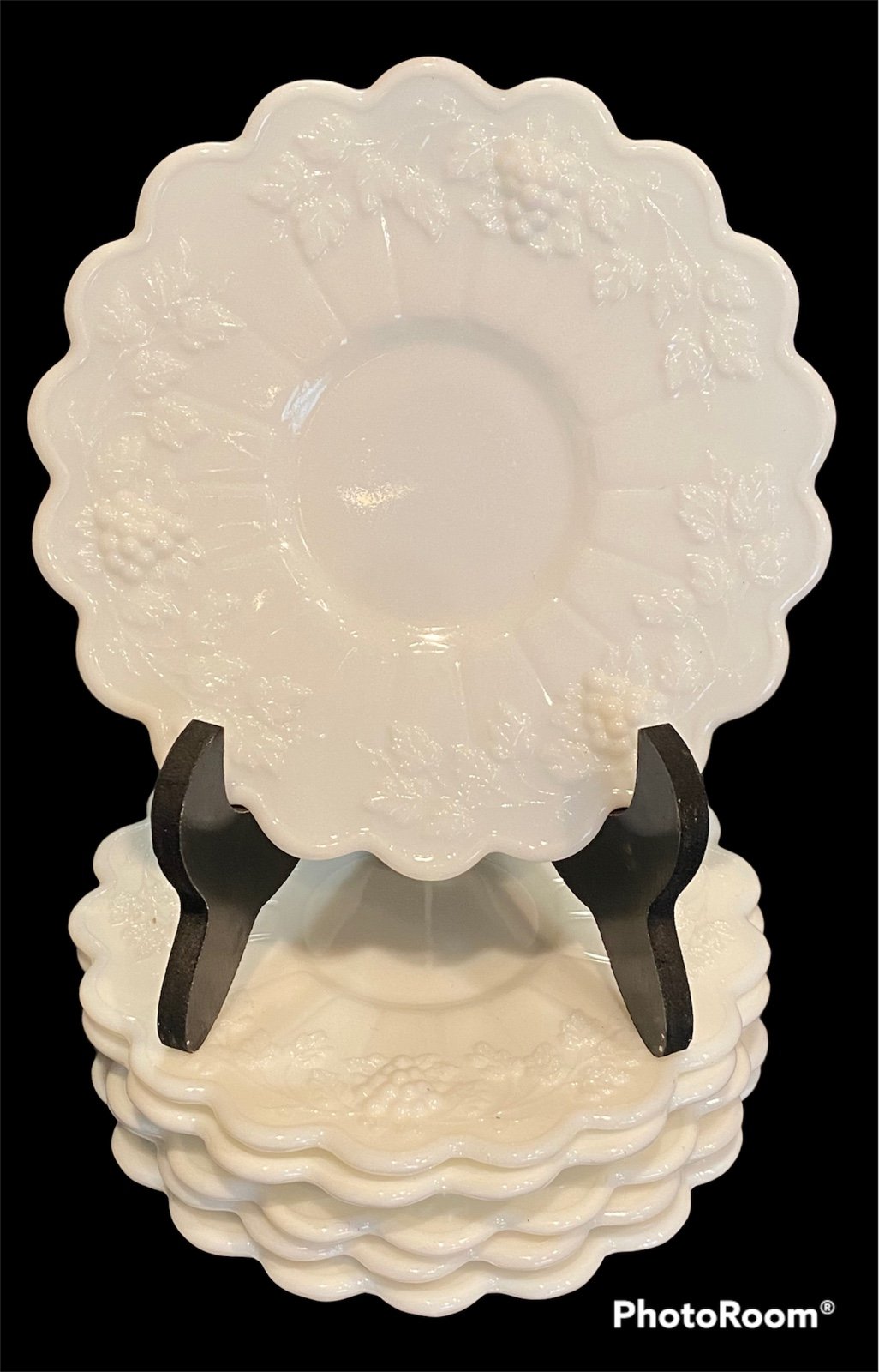 (6) Vintage WESTMORELAND White Milk Glass Paneled Grapes/Vines/Leaves Saucers