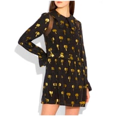 NWT Coach Mini Dress Page Boy Black Silk Gold Palm Tree Long Sleeve Size 6