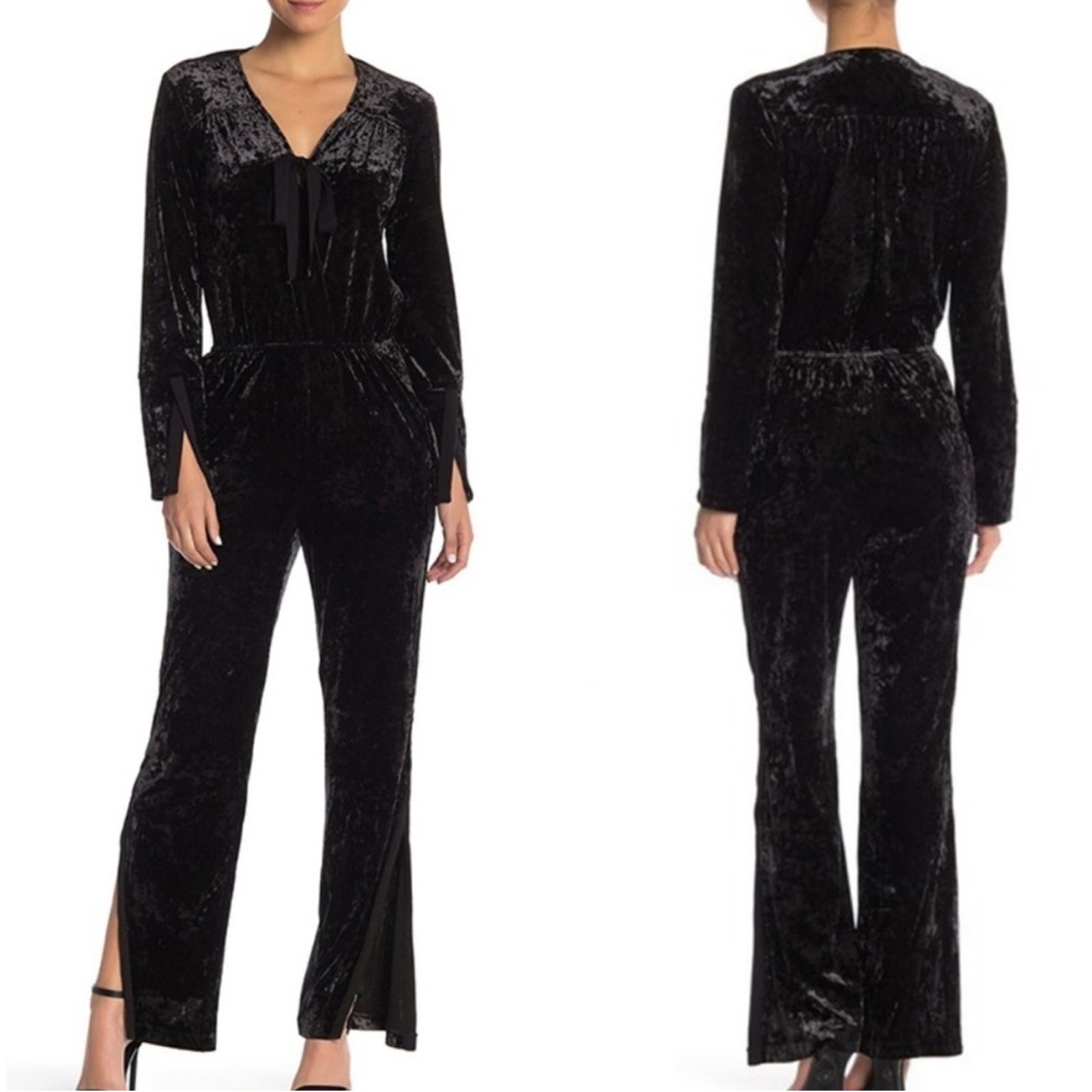 We are HAH Crushed Velvet JUMP ON IT Flared Long Sleeve Jumpsuit Black Large NWT