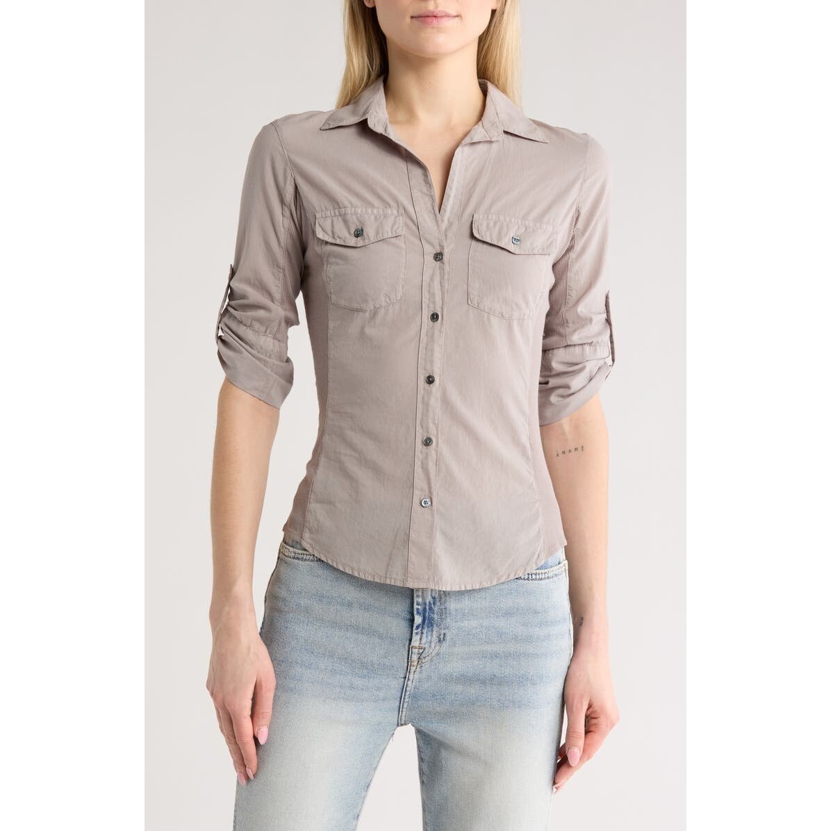 James Perse Shirt Womens Size 3 L Gray Contrast Rib Surplus Button Up WLC3321