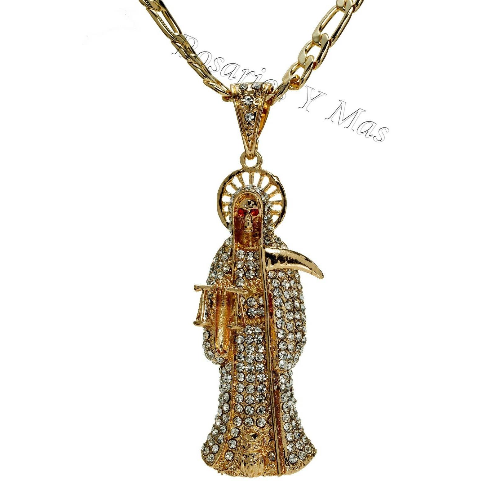 Santa Muerte Pendant with Necklace 24K Gold Filled Stainless Steel NEW