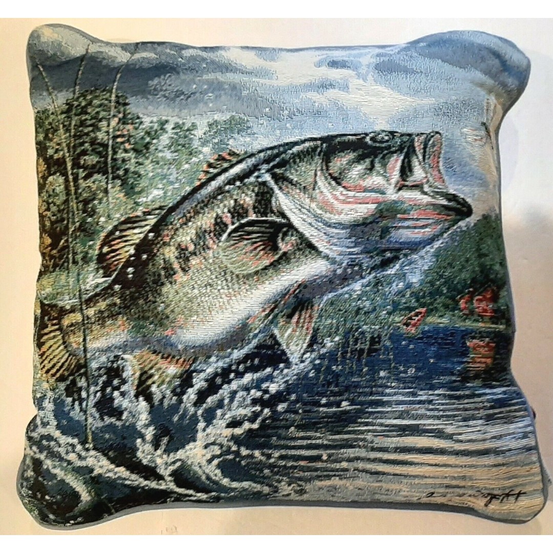 Riverdale Tapestry Big Mouth Bass Fish Pillow 16 X 16 Blue Green Made in USA