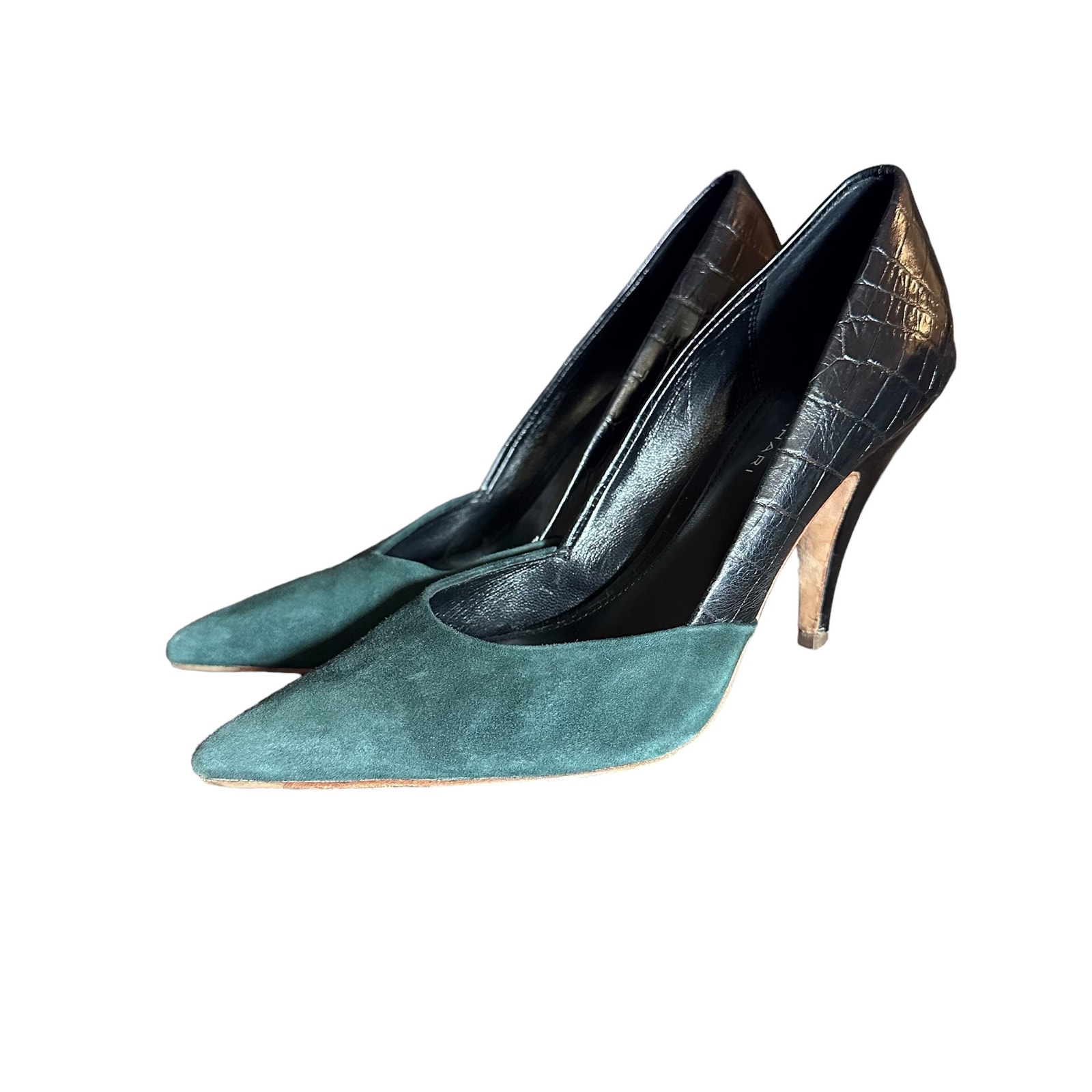 Elie Tahari Tatiana pumps Black leather green suede Size 37.5 US 7 1/2 heels