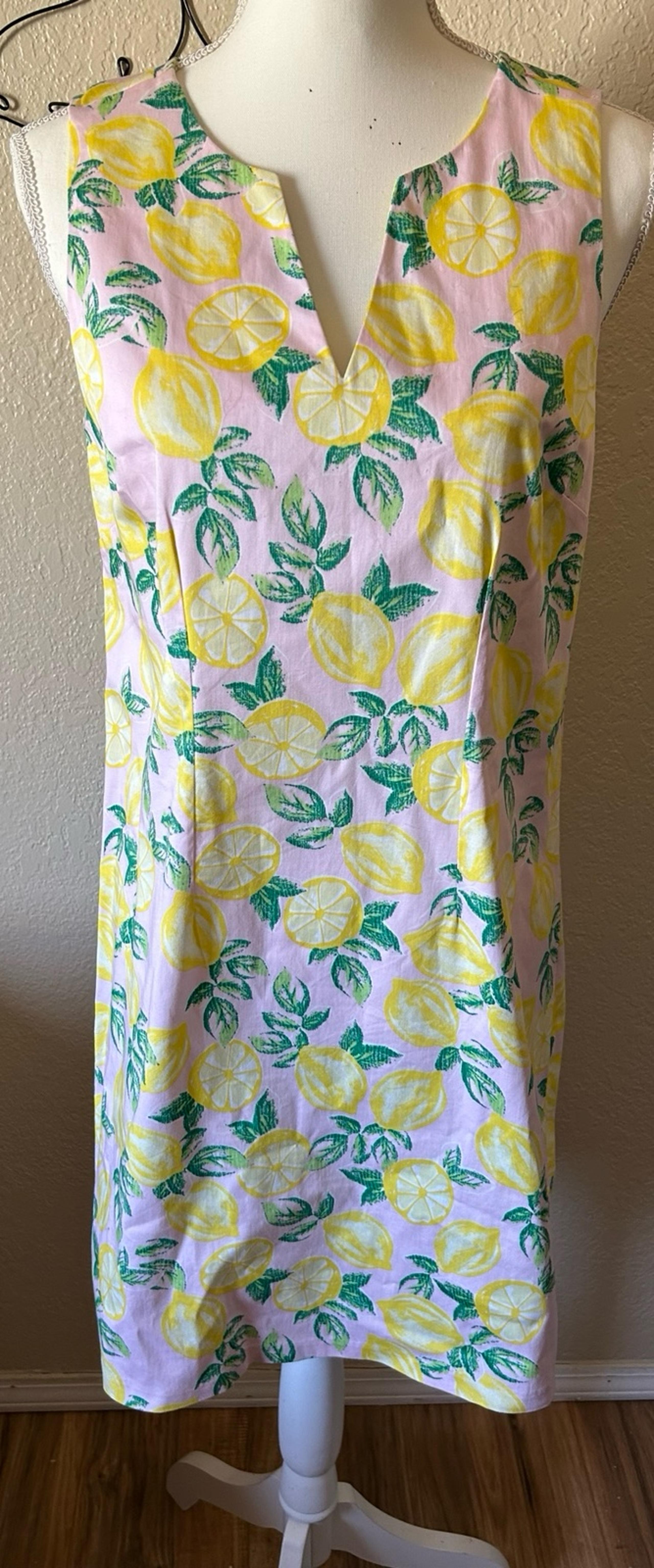 Cynthia Rowley Pink Yellow Lemon Print Shift Dress sz 8