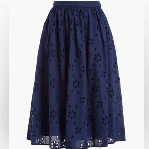 J. Crew Blue Eyelet Embroidery Midi Skirt Size Medium Boho Peasant Festival