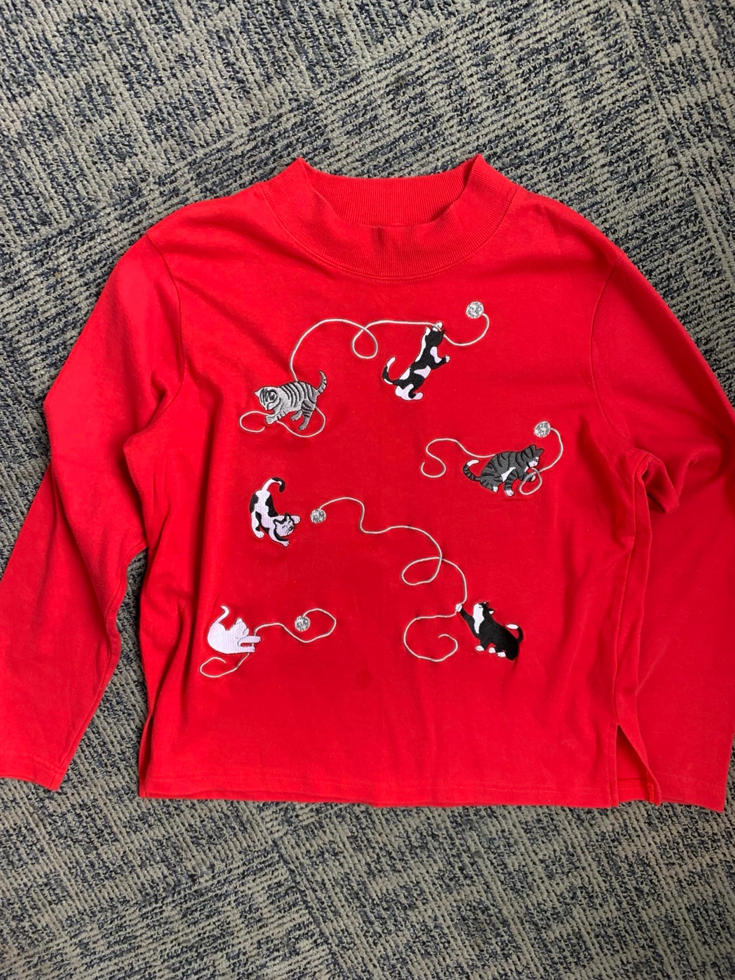 Vintage embroidered cats with yarn crewneck sweater / shirt